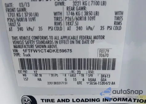 2013 Ford F-150 Lariat из США, поврежденный, VIN 1FTFW1CT4DKE59675